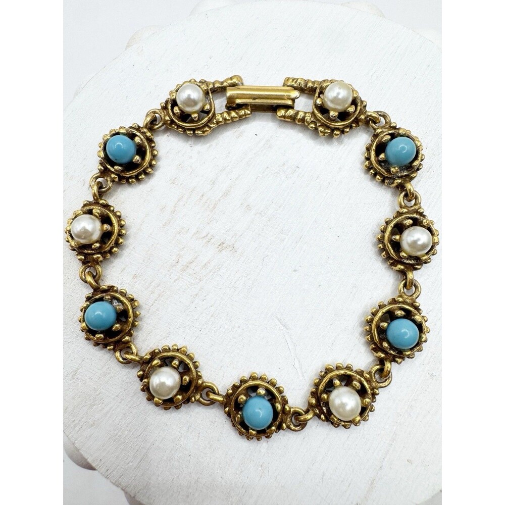 Vintage Goldette? Wagon Wheel Bracelet Faux Turquoise Pearl Victorian Revival 7”